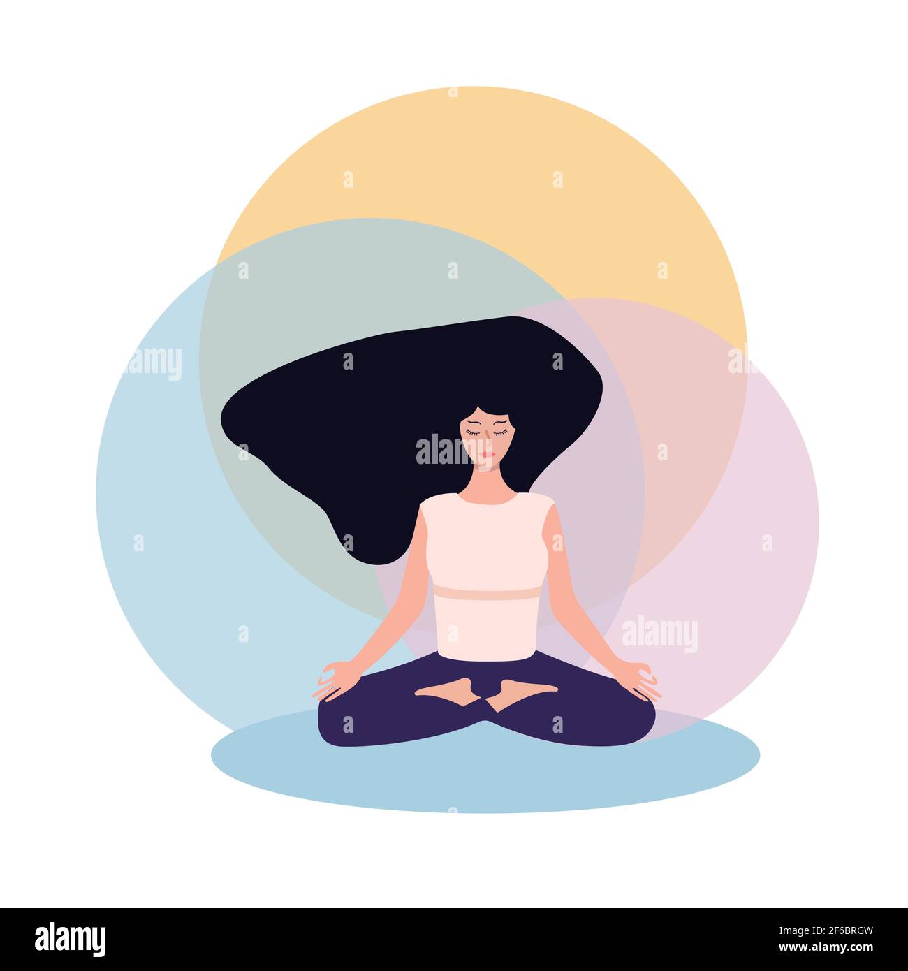 Donna meditando sulla natura e le foglie. Illustrazione concettuale per yoga, meditazione, riposo, relax, stile di vita sano. In stile cartoon piano. Vettore i Illustrazione Vettoriale