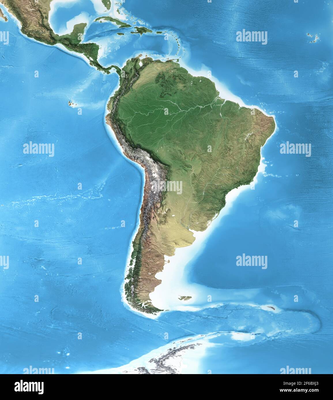 Mappa fisica del Sud America, con dettagli ad alta risoluzione. Vista satellitare appiattita del pianeta Terra e della sua geografia - elementi forniti dalla NASA Foto Stock