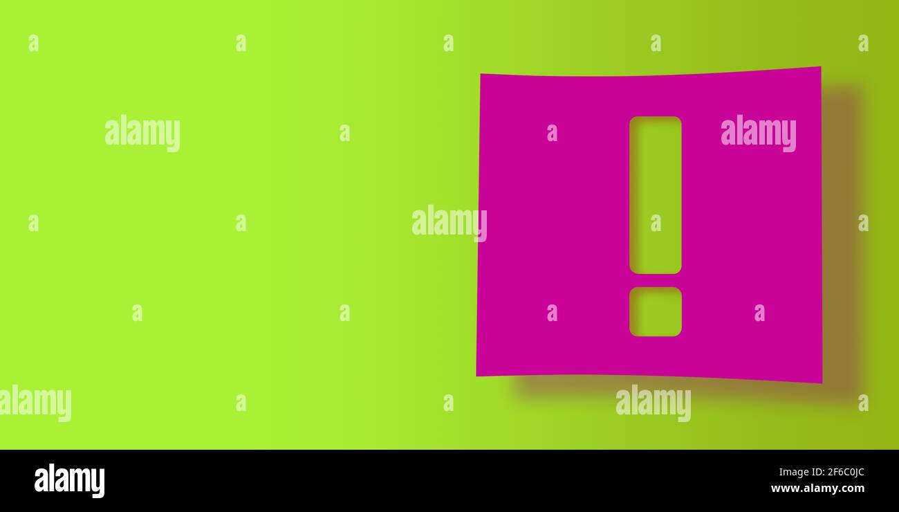Concetto di icona 3D rappresentata: Punto esclamativo isolato, !, simbolo tagliato su carta quadrata rosa fucsia. Sfondo verdastro con ampio spazio per la copia. Foto Stock