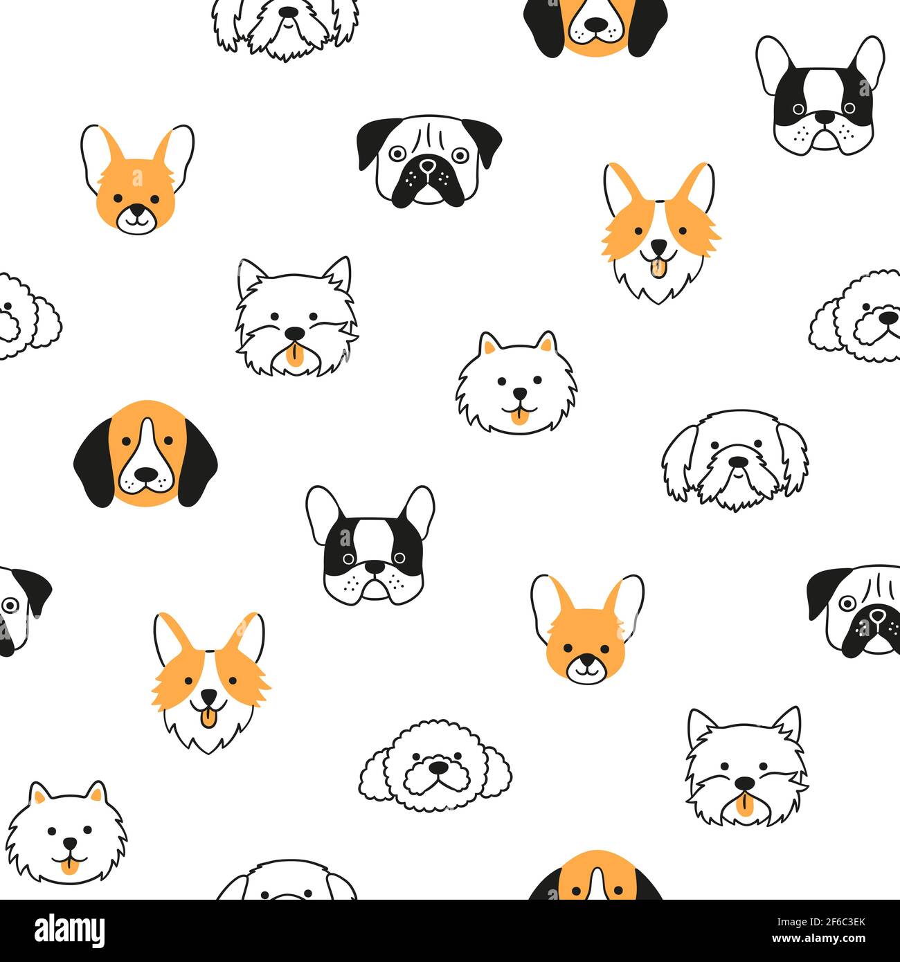 Modello senza giunture con teste di cani di razze diverse. Corgi, Pug, Chihuahua, Terrier, Poodle e shih tzu. Illustrazione Vettoriale