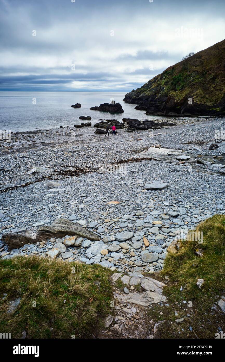 Persone che camminano un cane sulla spiaggia di Dhoon Glen sulla Costa orientale dell'Isola di Man con interessante forma rocce e pietre Foto Stock