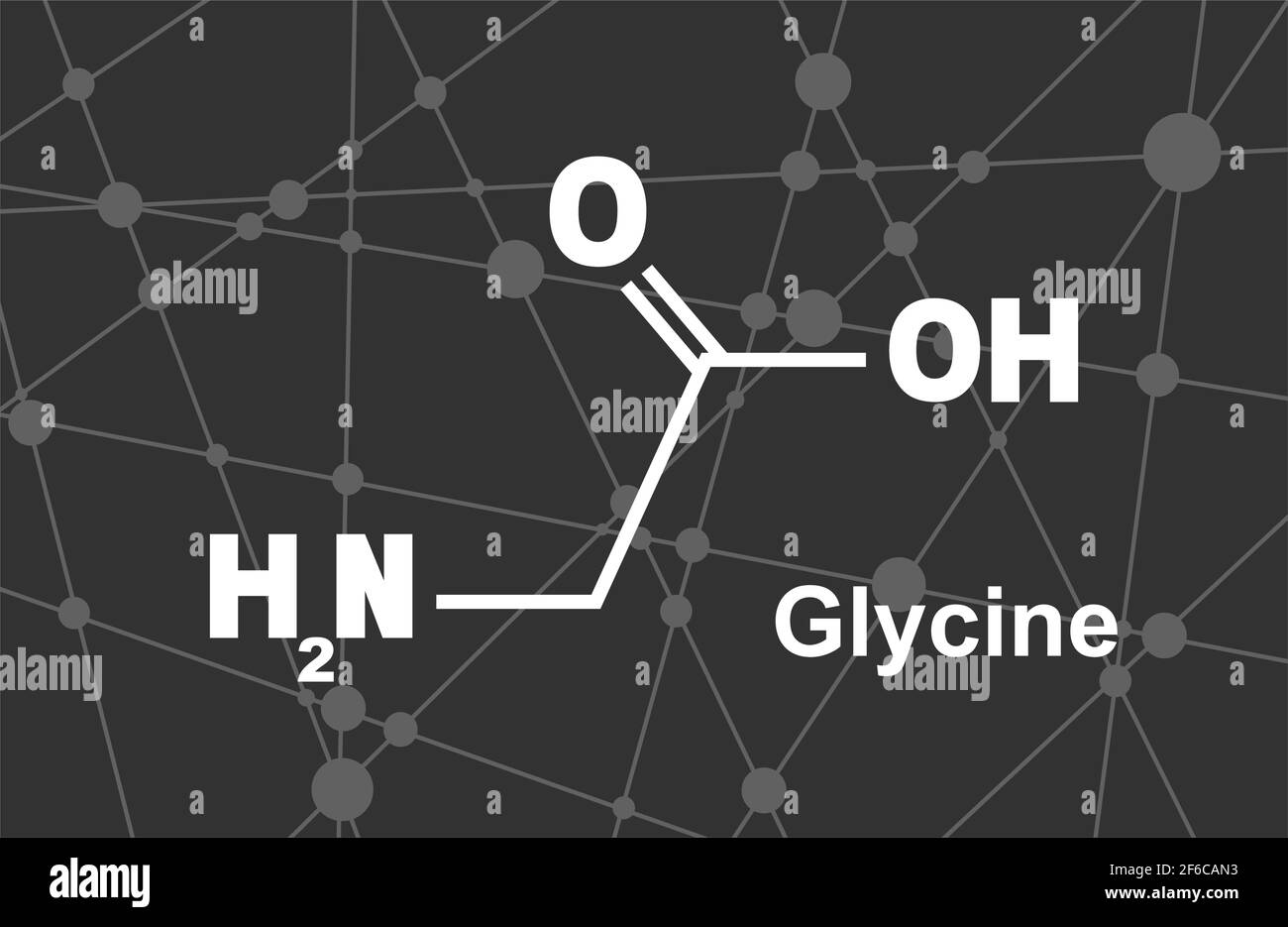 Glicina - aminoacido principale e neurotrasmettitore inibitorio. Formula chimica molecolare. Linee e punti collegati in background Illustrazione Vettoriale