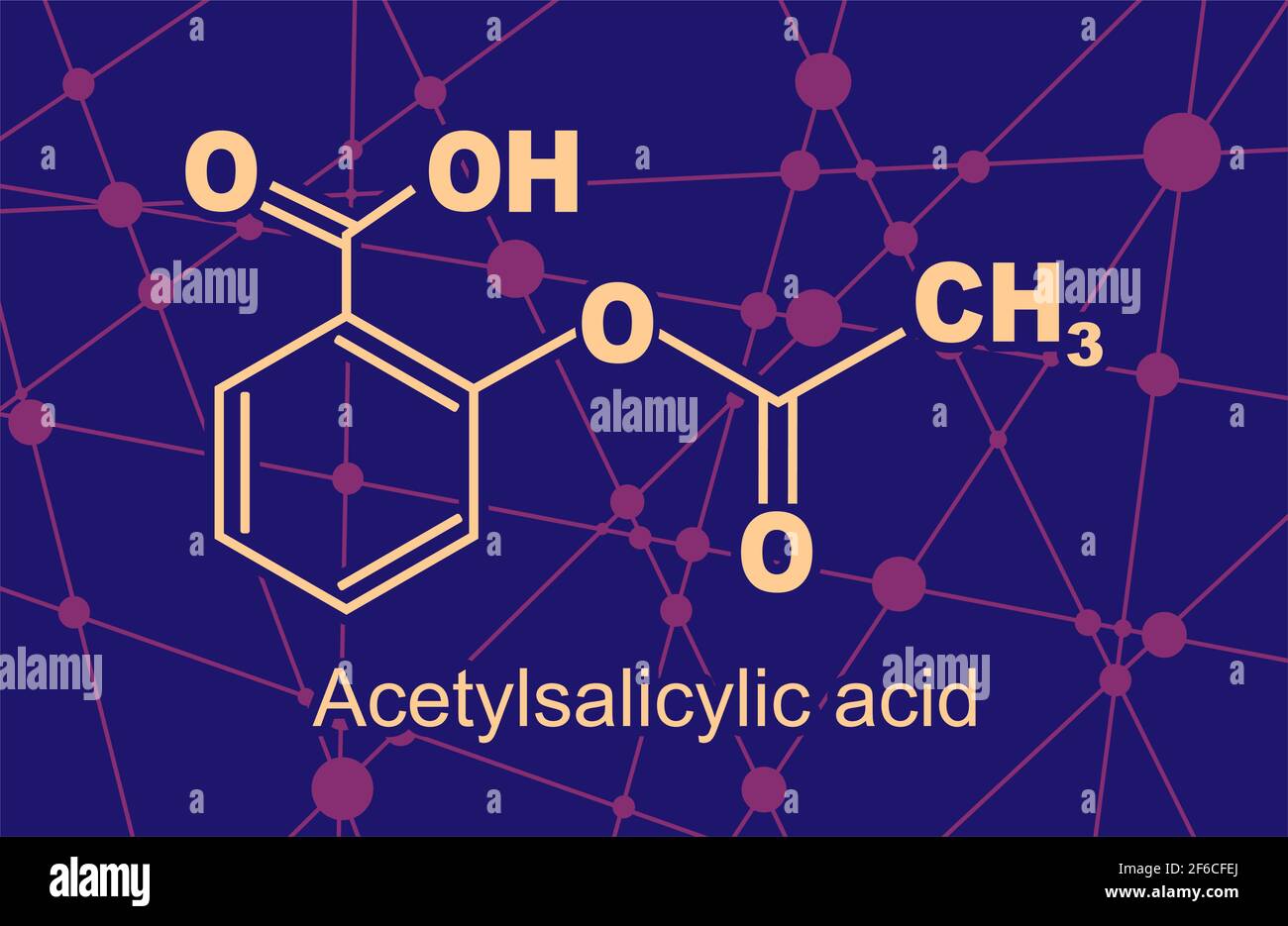 Formula chimica strutturale dell'acido acetilsalicilico. Molecola di aspirina. Linee e punti collegati in background Illustrazione Vettoriale