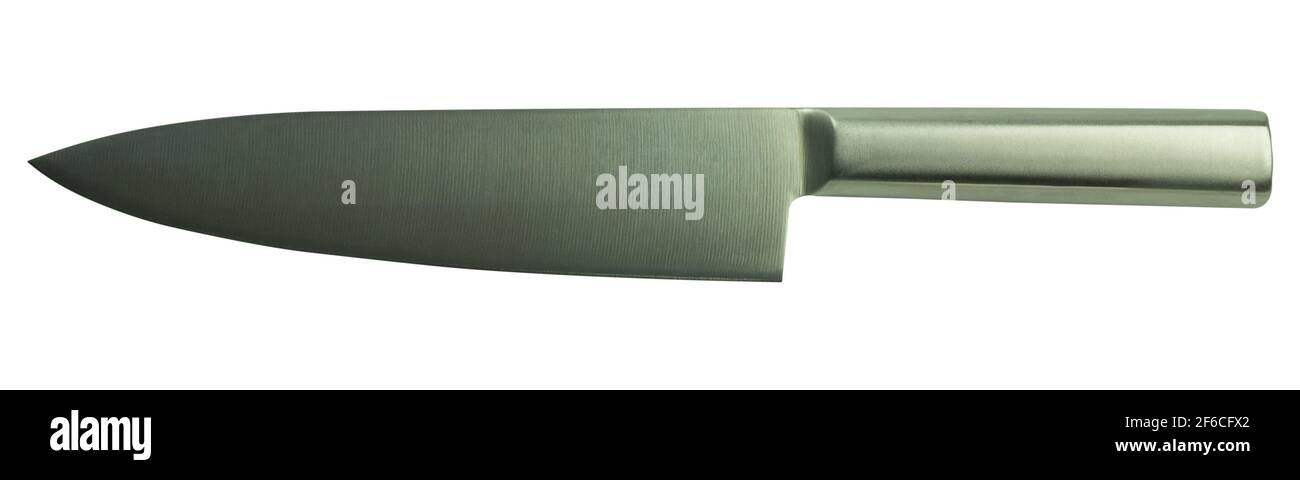 Coltello da cucina in metallo su sfondo bianco isolato. Coltello professionale dello chef con lama illuminata uniformemente su sfondo bianco Foto Stock