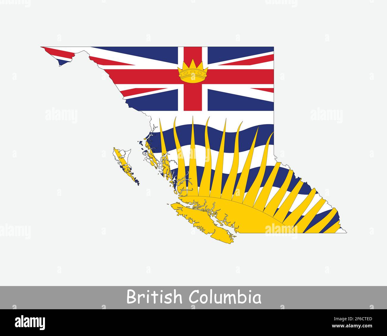 Bandiera della British Columbia Map. Mappa della British Columbia Canada con bandiera isolata su sfondo bianco. Provincia canadese. Illustrazione vettoriale. Illustrazione Vettoriale