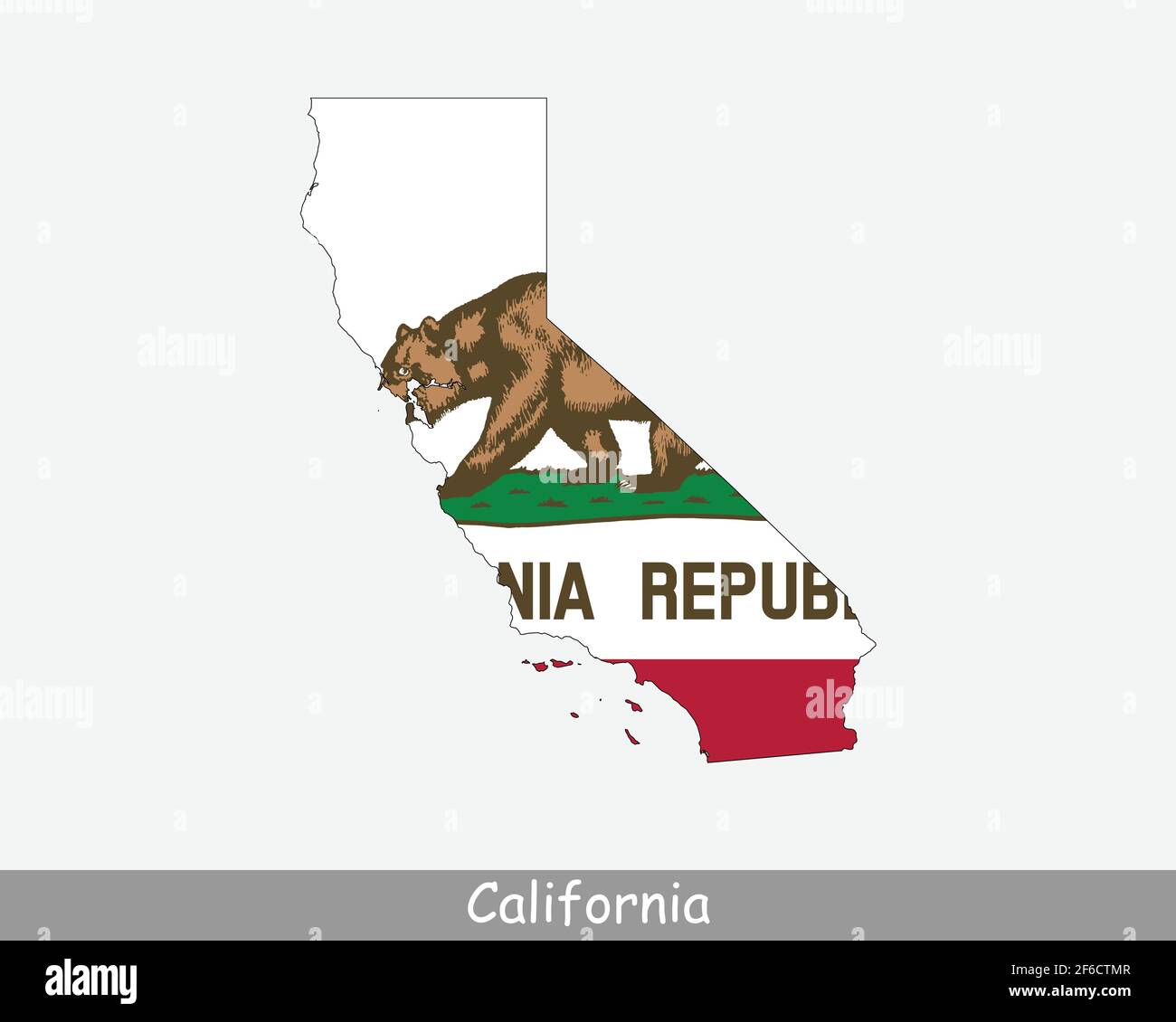Bandiera mappa della California. Mappa della California, USA con la bandiera dello stato californiano isolata su sfondo bianco. Stati Uniti, America, America, Stati Uniti Illustrazione Vettoriale