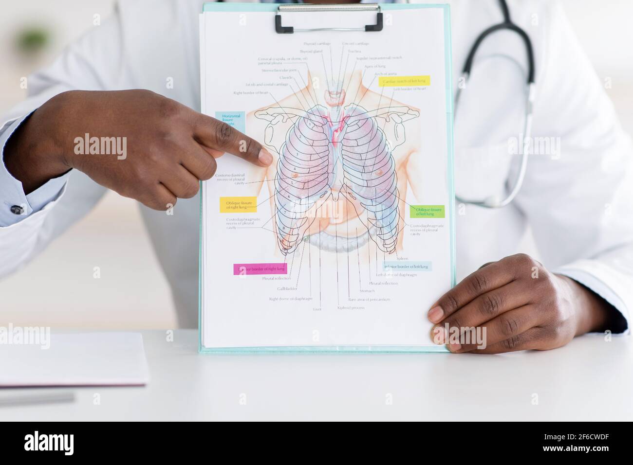 Medico che parla della malattia del coronavirus, mostrando immagine con il petto, i polmoni e l'organo respiratorio su blocco note Foto Stock