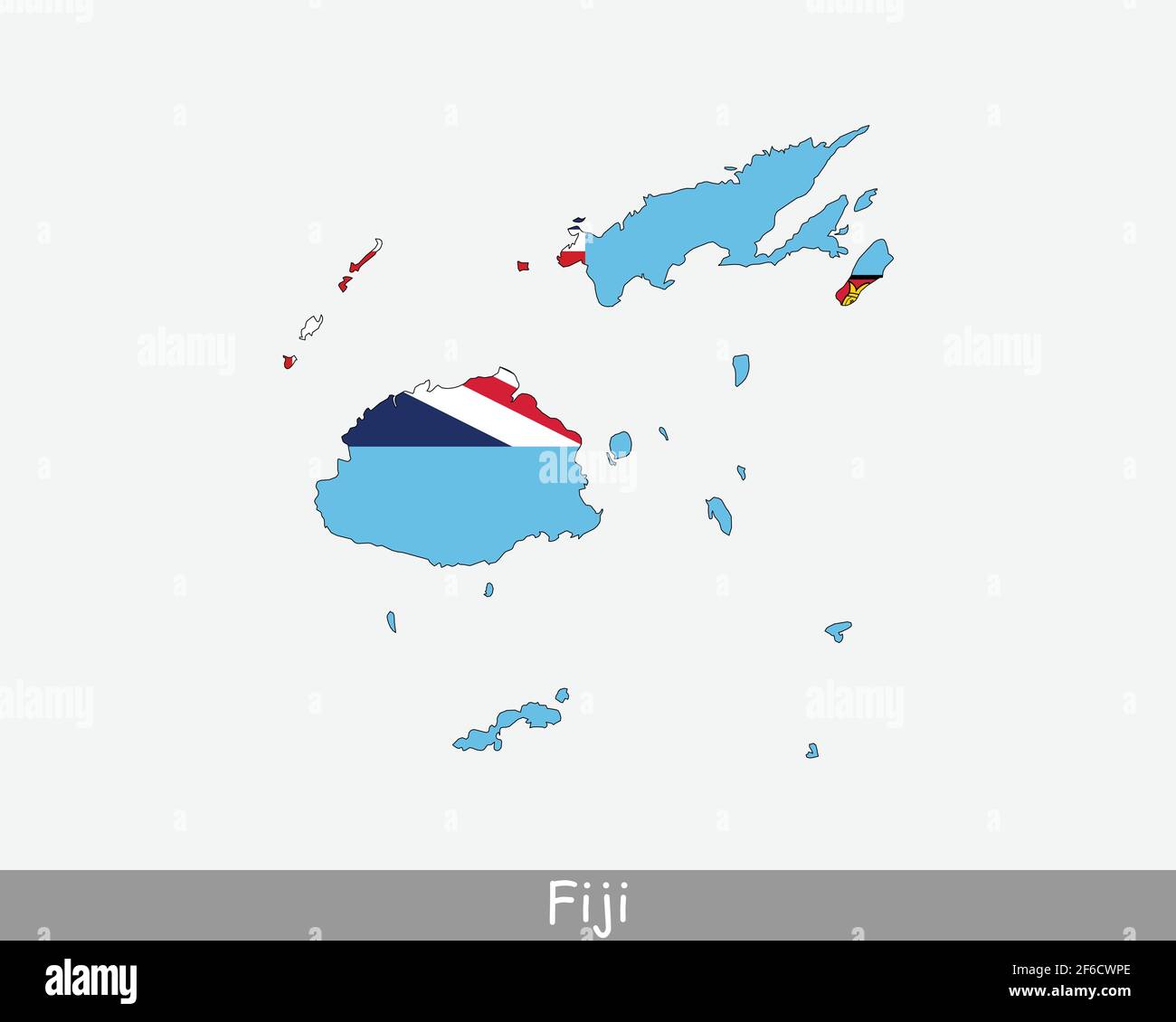 Bandiera della mappa delle Fiji. Mappa delle Figi con la bandiera nazionale delle Fiji isolata su sfondo bianco. Illustrazione vettoriale. Illustrazione Vettoriale