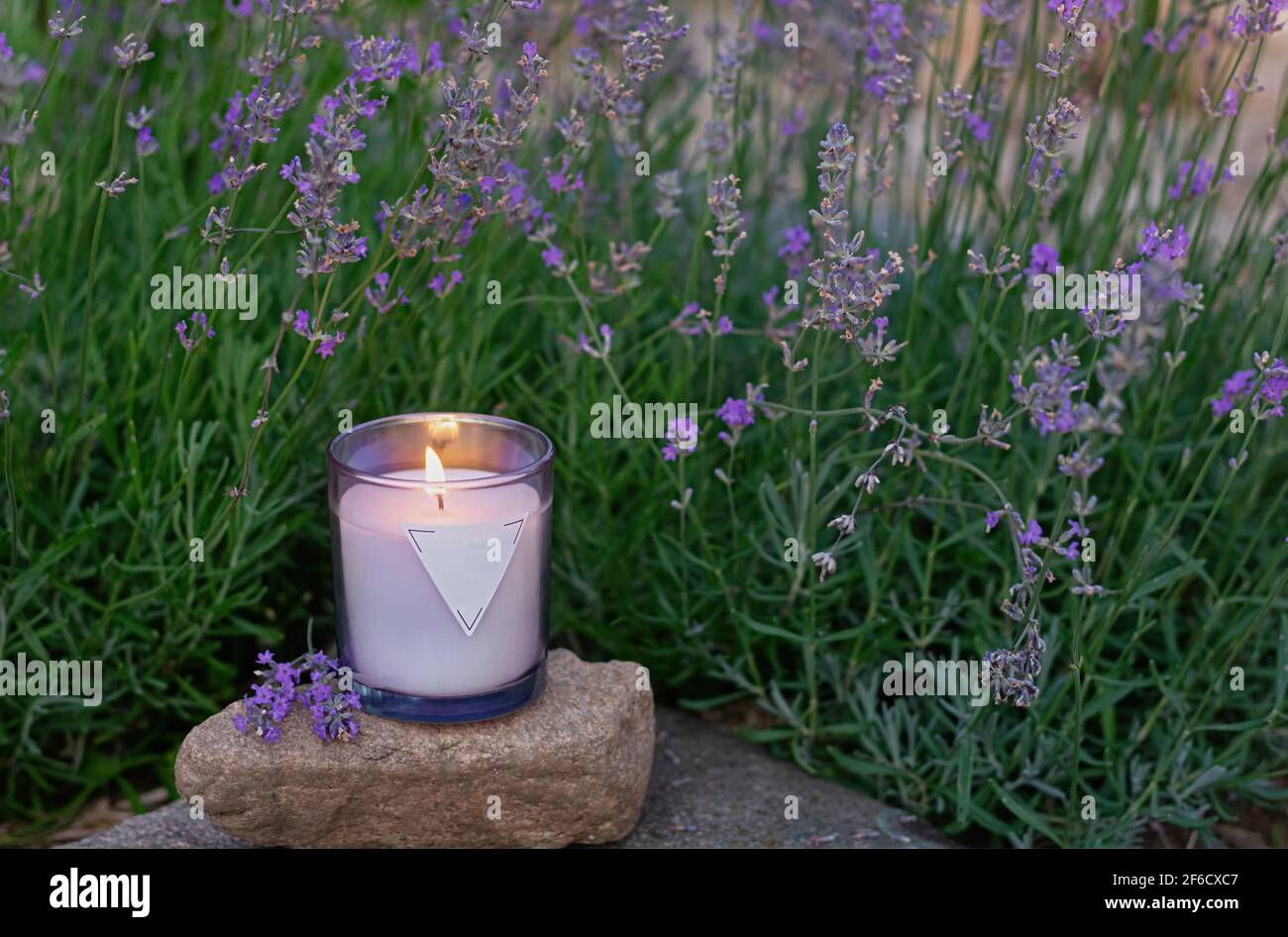 Candela fatta in casa con profumo di erbe su uno sfondo di lavanda fiorente. Rituali magici e pratiche nella vita quotidiana. Messa a fuoco selettiva. Foto Stock