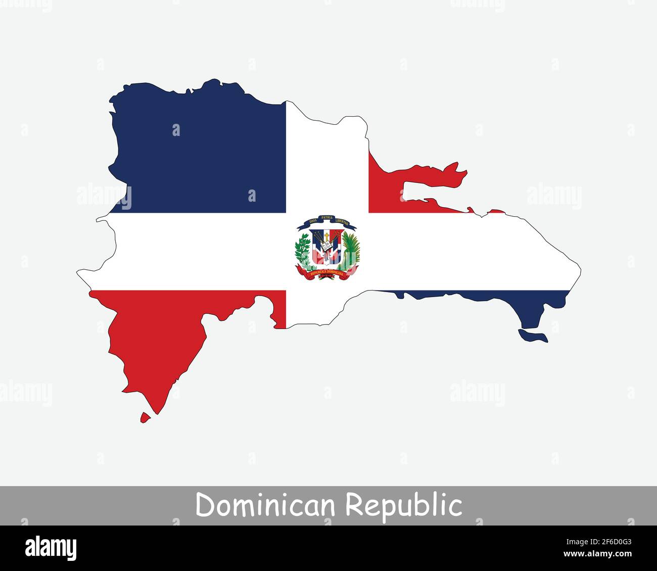 Bandiera della Repubblica Dominicana. Mappa della Repubblica Dominicana con la bandiera nazionale dominicana isolata su sfondo bianco. Illustrazione vettoriale. Illustrazione Vettoriale