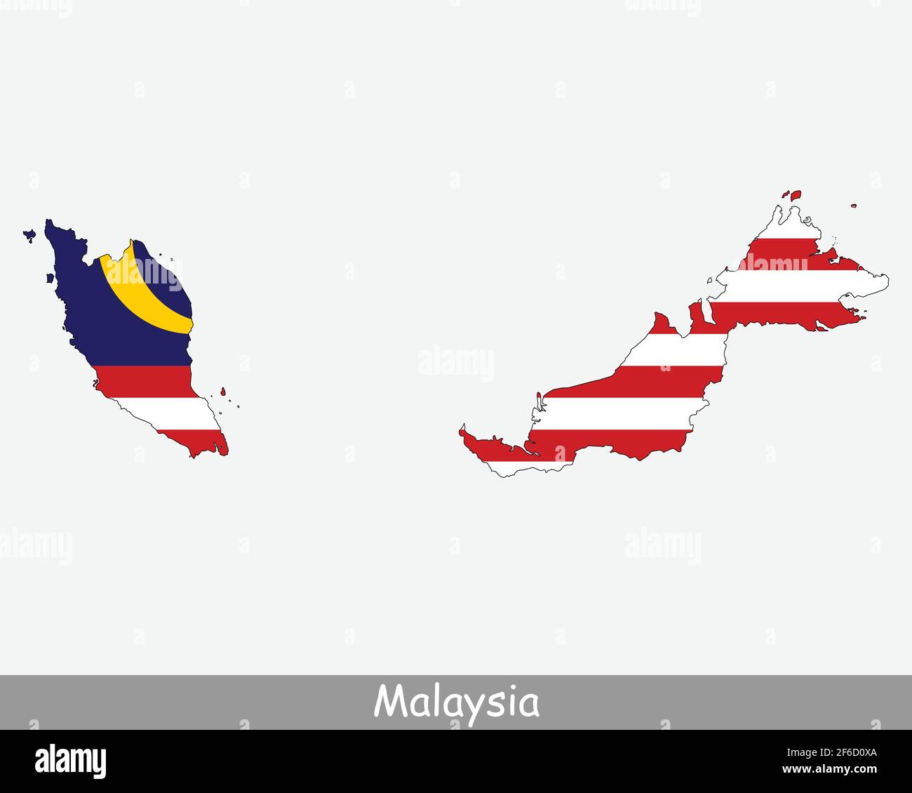 Bandiera della Malesia. Mappa della Malesia con la bandiera nazionale malese isolata su sfondo bianco. Illustrazione vettoriale. Illustrazione Vettoriale