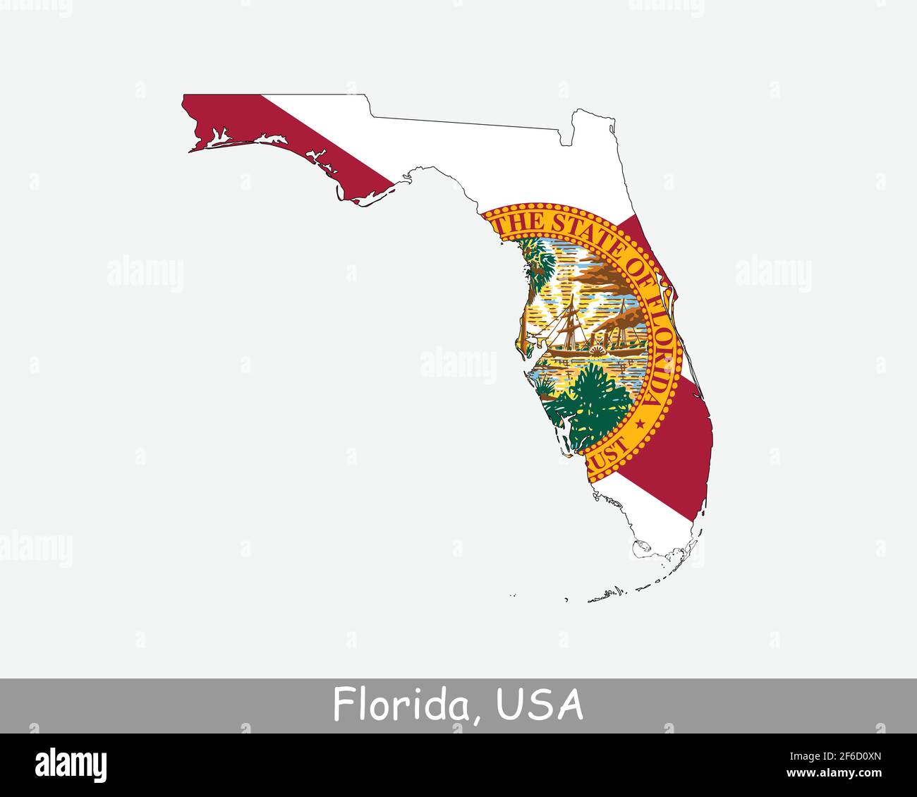Bandiera della Florida Map. Mappa di FL, USA con la bandiera di stato isolato su sfondo bianco. Stati Uniti, America, Stati Uniti, Stati Uniti d'America, Stati Uniti d'America Illustrazione Vettoriale