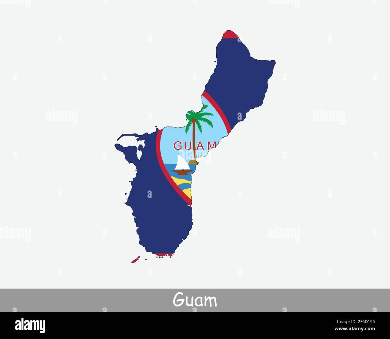 Bandiera della mappa di Guam. Mappa di Guam con la bandiera guamiana isolata su sfondo bianco. Territorio statunitense non incorporato e organizzato. Stati Uniti d'oltremare T Illustrazione Vettoriale