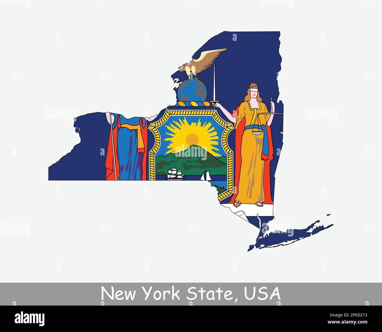 Bandiera della mappa dello stato di New York. Mappa di NY, USA con la bandiera di stato isolato su sfondo bianco. Stati Uniti, America, America, Stati Uniti d'America, Illustrazione Vettoriale