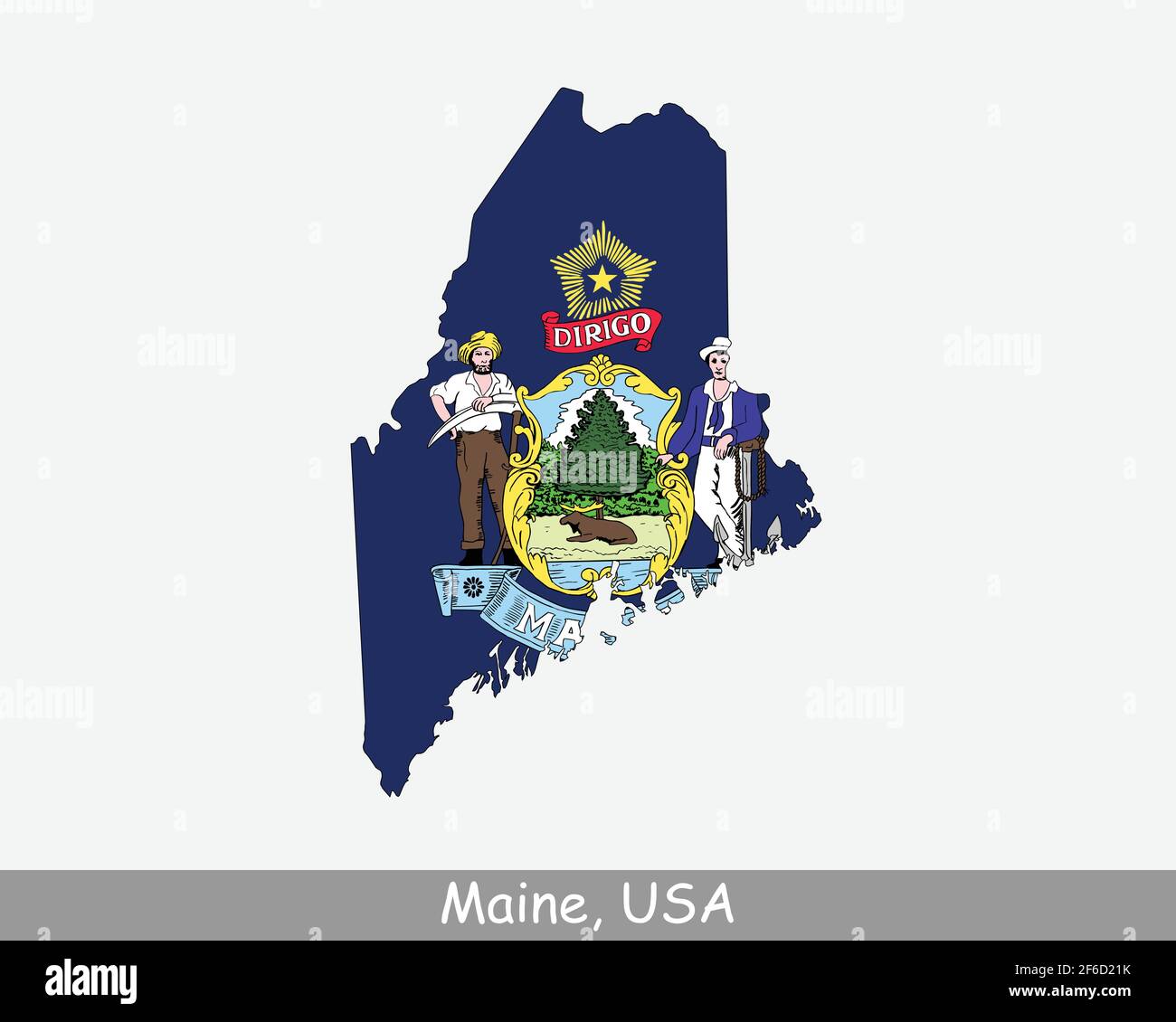 Bandiera della mappa del Maine. Mappa DI ME, Stati Uniti con la bandiera di stato isolato su sfondo bianco. Stati Uniti, America, Stati Uniti, Stati Uniti. Illustrazione Vettoriale