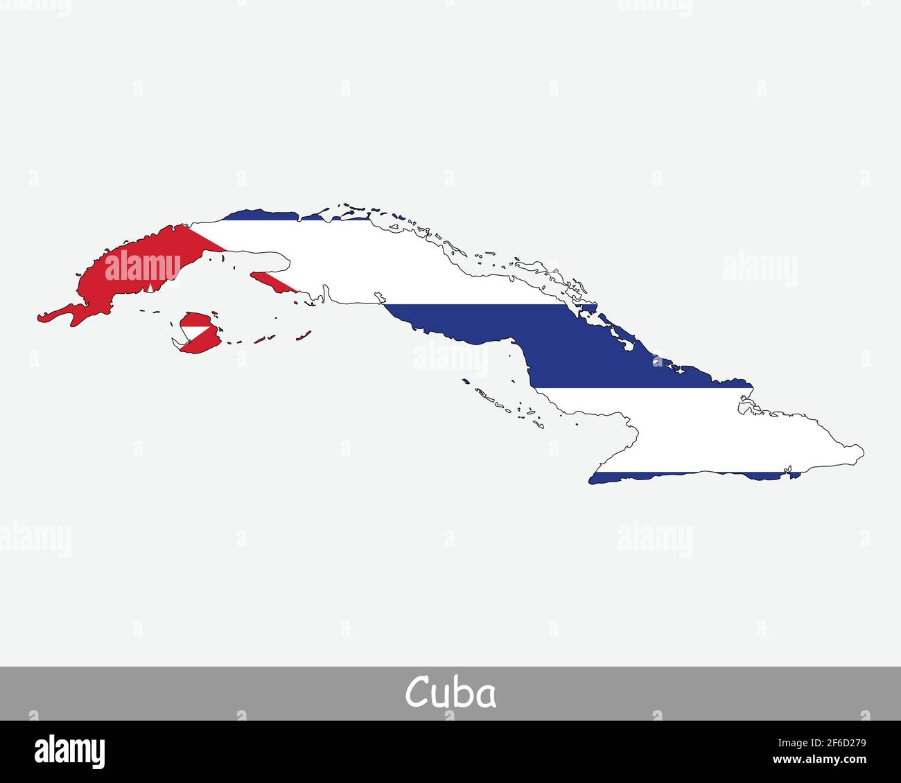 Bandiera della carta di Cuba. Mappa di Cuba con la bandiera nazionale cubana isolata su sfondo bianco. Illustrazione vettoriale. Illustrazione Vettoriale