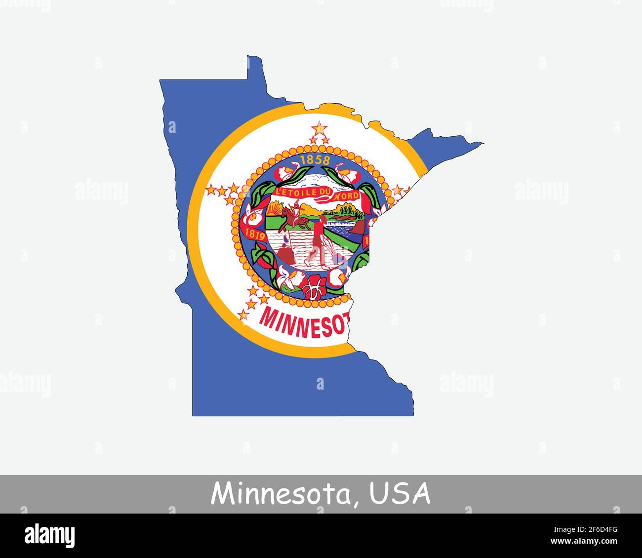 Bandiera della mappa del Minnesota. Mappa del MN, USA con la bandiera di stato isolata su sfondo bianco. Stati Uniti, America, America, Stati Uniti d'America, Stati Uniti Illustrazione Vettoriale
