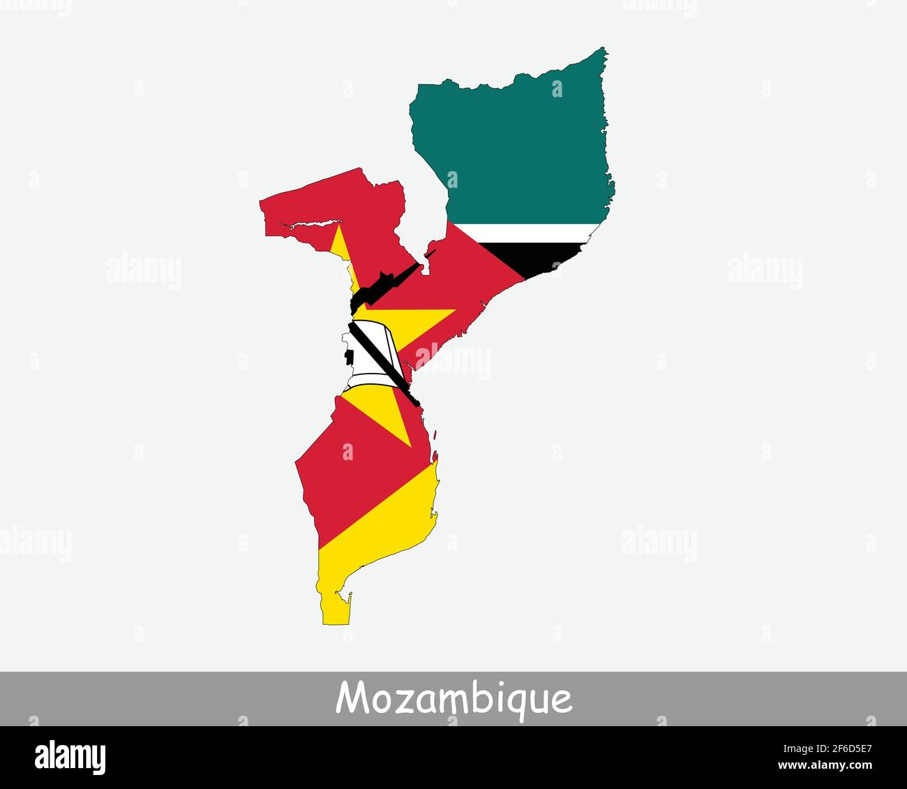 Mappa Bandiera del Mozambico. Mappa della Repubblica del Mozambico con la bandiera nazionale mozambicana isolata su sfondo bianco. Illustrazione vettoriale. Illustrazione Vettoriale