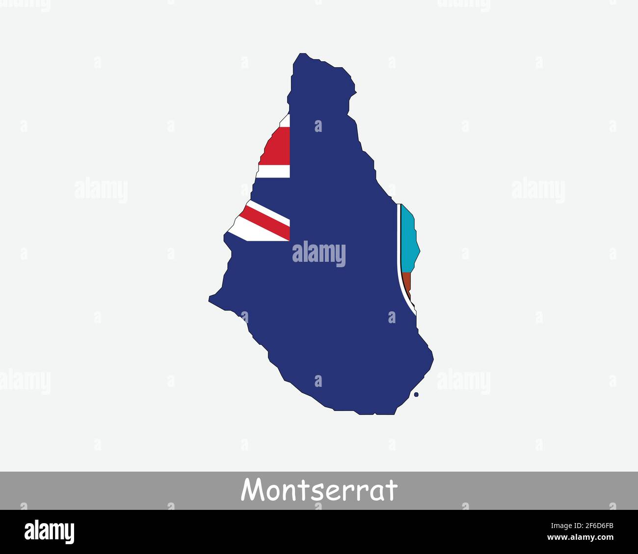 Bandiera della mappa di Montserrat. Mappa di Montserrat con la bandiera isolata su sfondo bianco. British Overseas Territory, Regno Unito, Regno Unito. Illustrazione vettoriale Illustrazione Vettoriale