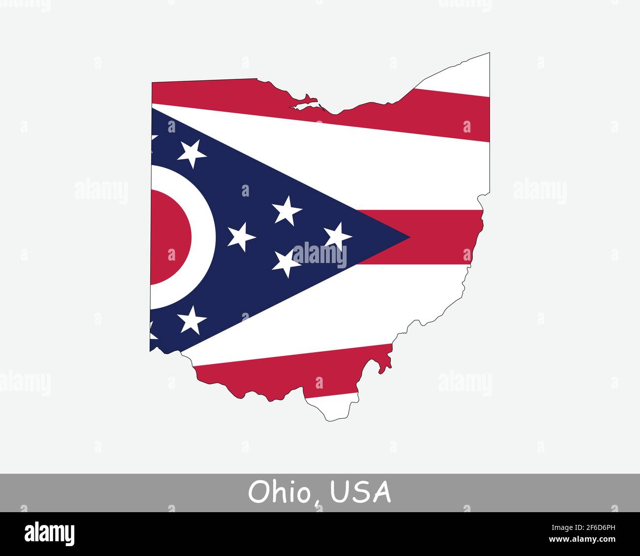 Bandiera della mappa dell'Ohio. Mappa di OH; USA con la bandiera di stato isolato su sfondo bianco. Stati Uniti; America; Stati Uniti; Stati Uniti; Stati Uniti. Illustrazione Vettoriale