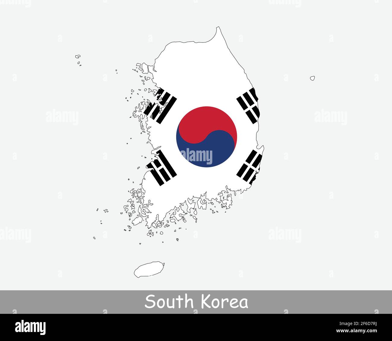 Mappa della bandiera della Corea del Sud. Mappa della Repubblica di Corea con la bandiera nazionale coreana isolata su sfondo bianco. Illustrazione vettoriale. Illustrazione Vettoriale