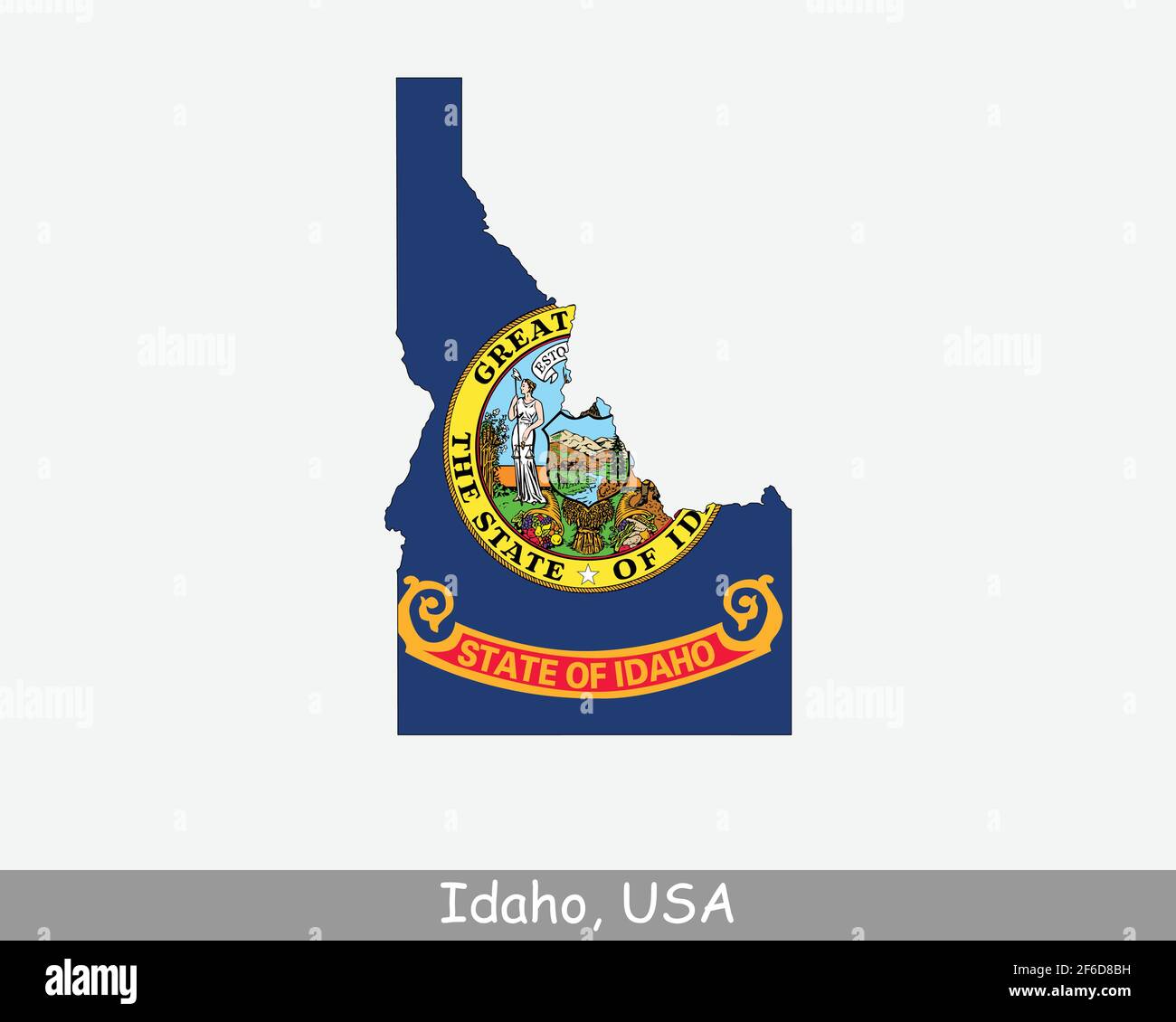 Bandiera della mappa dell'Idaho. Mappa di ID, USA con la bandiera di stato isolata su sfondo bianco. Stati Uniti, America, Stati Uniti, Stati Uniti. Illustrazione Vettoriale