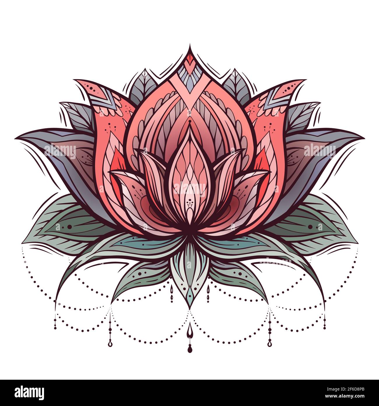 Disegno colorato di un loto con un motivo boho. Giglio d'acqua con perline  e decorazione tribale. Simbolo religioso naturale. Vettore doodle fiore con  folia Immagine e Vettoriale - Alamy