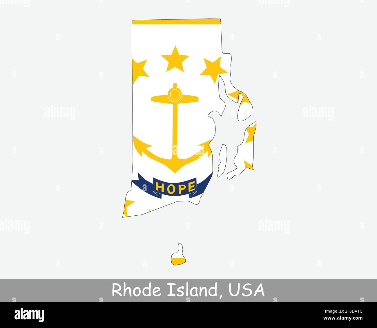Bandiera della mappa di Rhode Island. Mappa del RI, USA con la bandiera di stato isolata su sfondo bianco. Stati Uniti, America, America, Stati Uniti d'America, Illustrazione Vettoriale