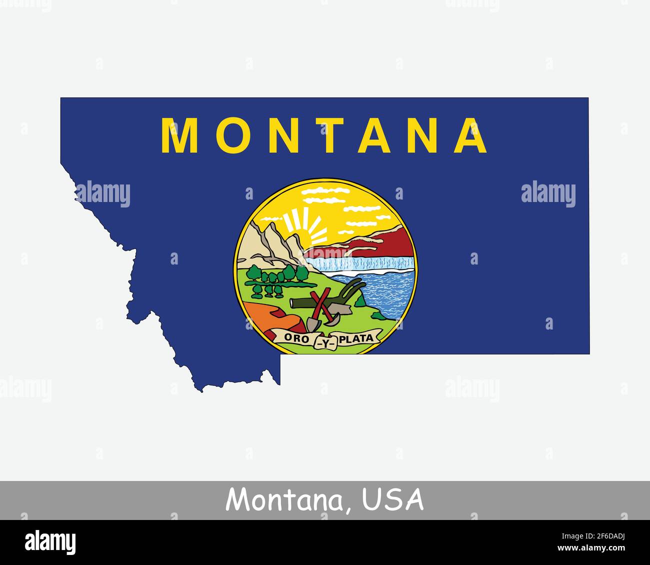 Bandiera della mappa del Montana. Mappa di MT, USA con la bandiera di stato isolata su sfondo bianco. Stati Uniti, America, Stati Uniti, Stati Uniti d'America, Stati Uniti d'America Illustrazione Vettoriale
