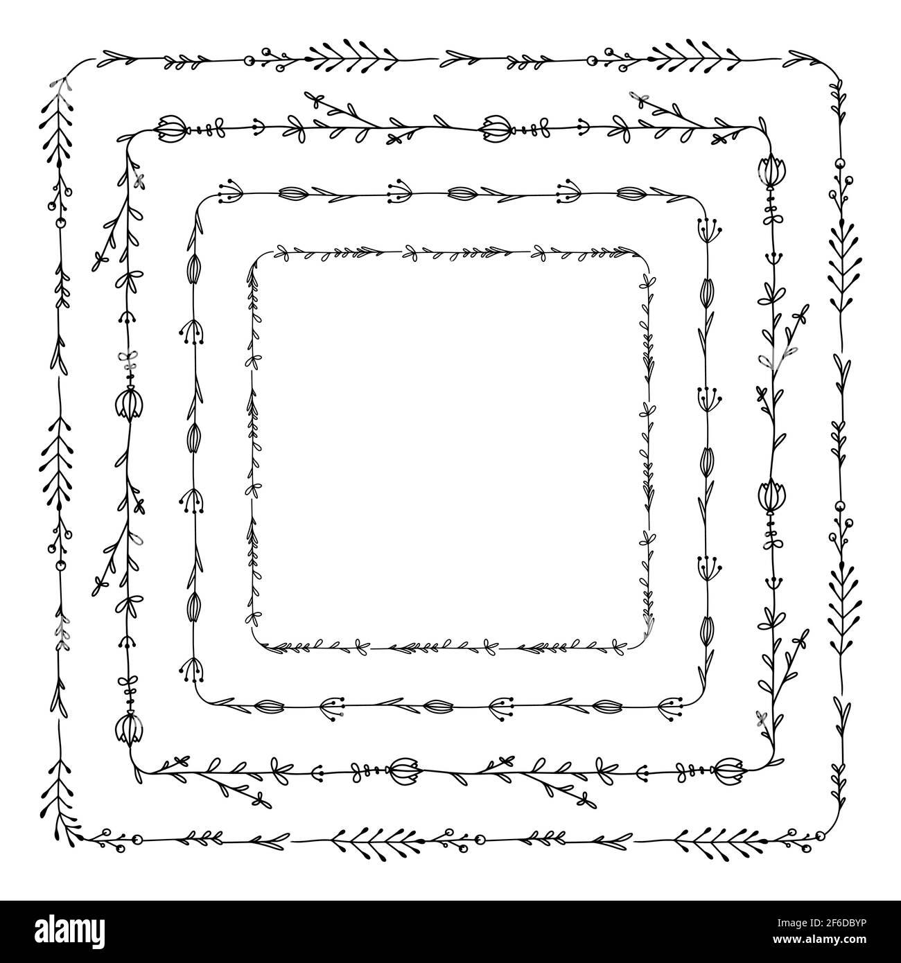 Set di cornici quadrate con fiori di doodle, rami e foglie