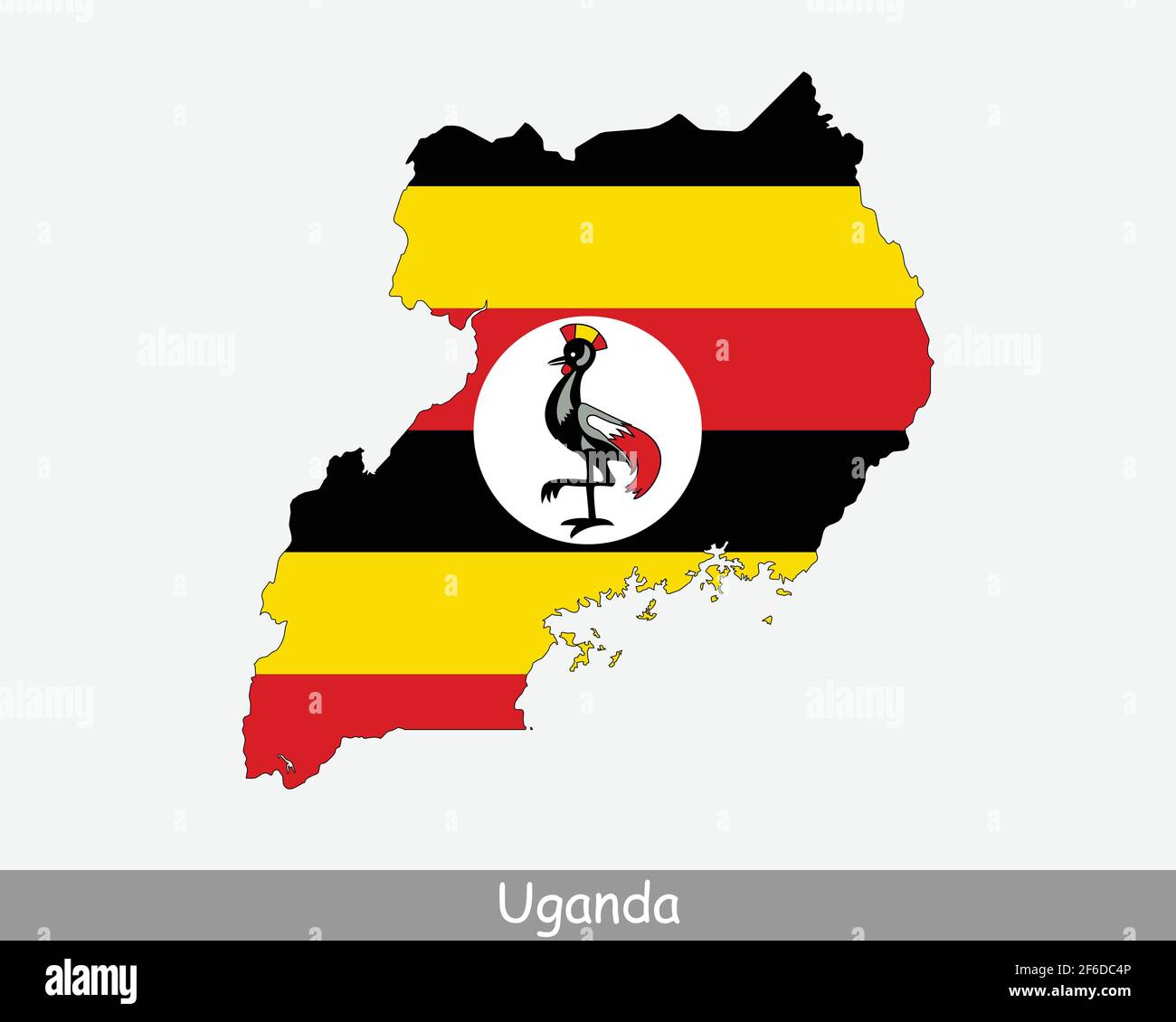 Mappa della bandiera ugandese. Mappa della Repubblica di Uganda con la bandiera nazionale ugandese isolata su sfondo bianco. Illustrazione vettoriale. Illustrazione Vettoriale