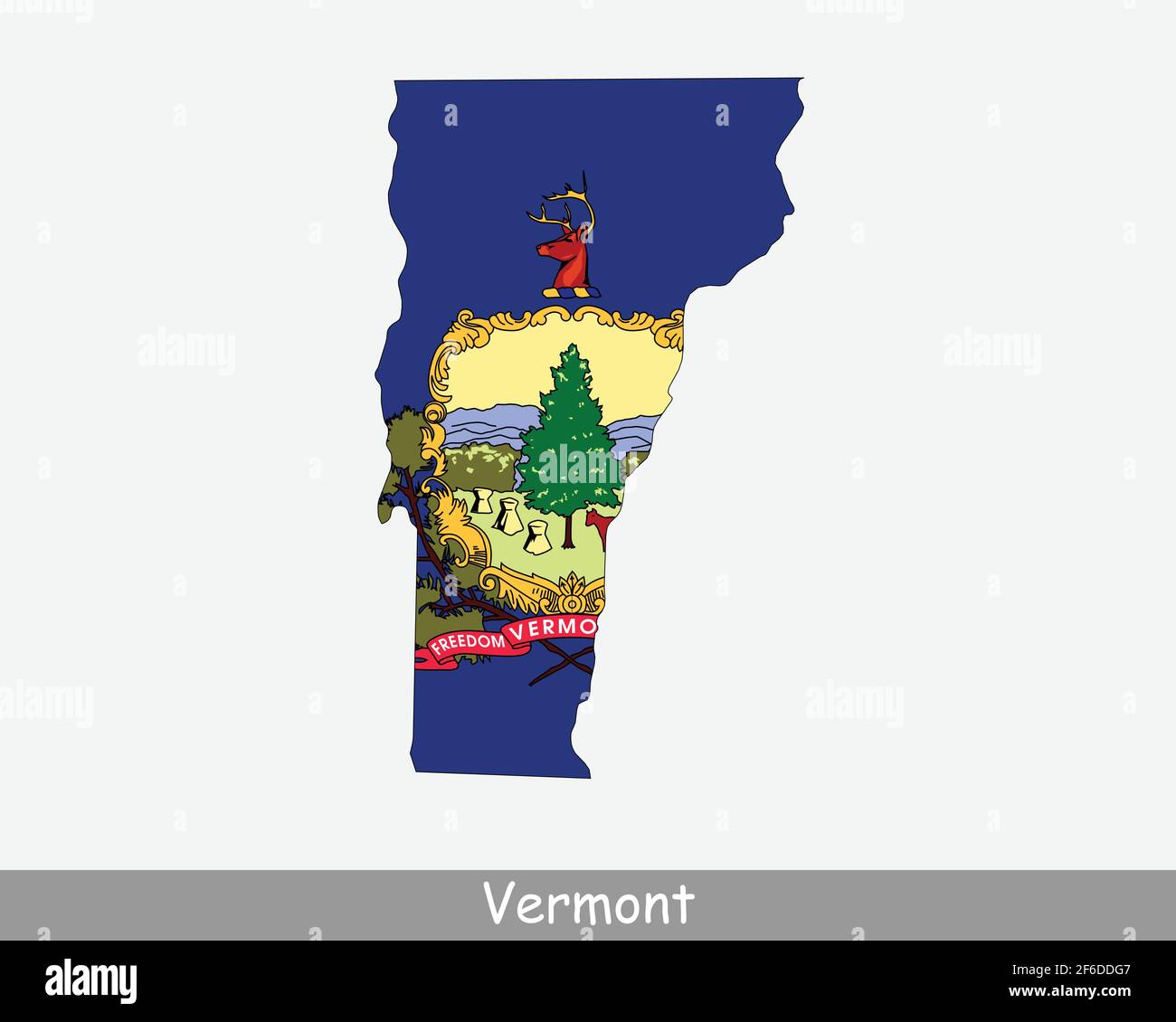 Bandiera della mappa del Vermont. Mappa di VT, USA con la bandiera di stato isolata su sfondo bianco. Stati Uniti, America, America, Stati Uniti d'America, Stati Uniti Illustrazione Vettoriale