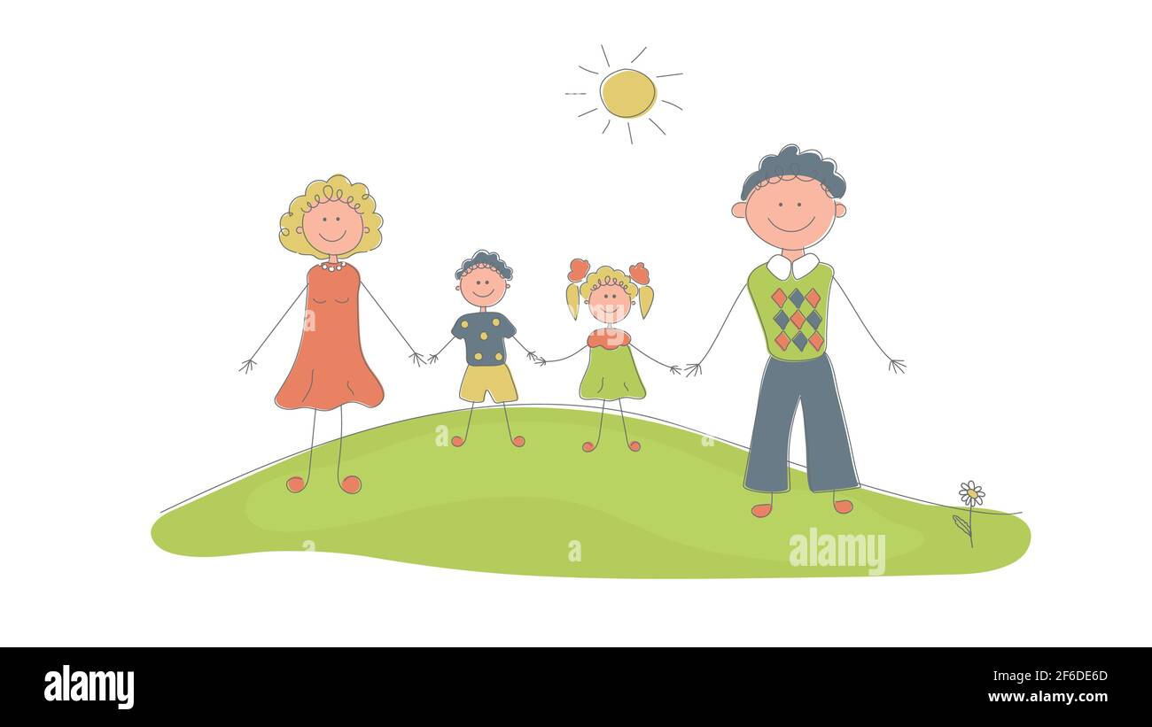 Felice famiglia sorridente stand tenendo le mani su prato d'erba con Daisy. Il sole splende.Padre, madre, figlia e figlio. Per ambulatorio ad family, bambini Illustrazione Vettoriale
