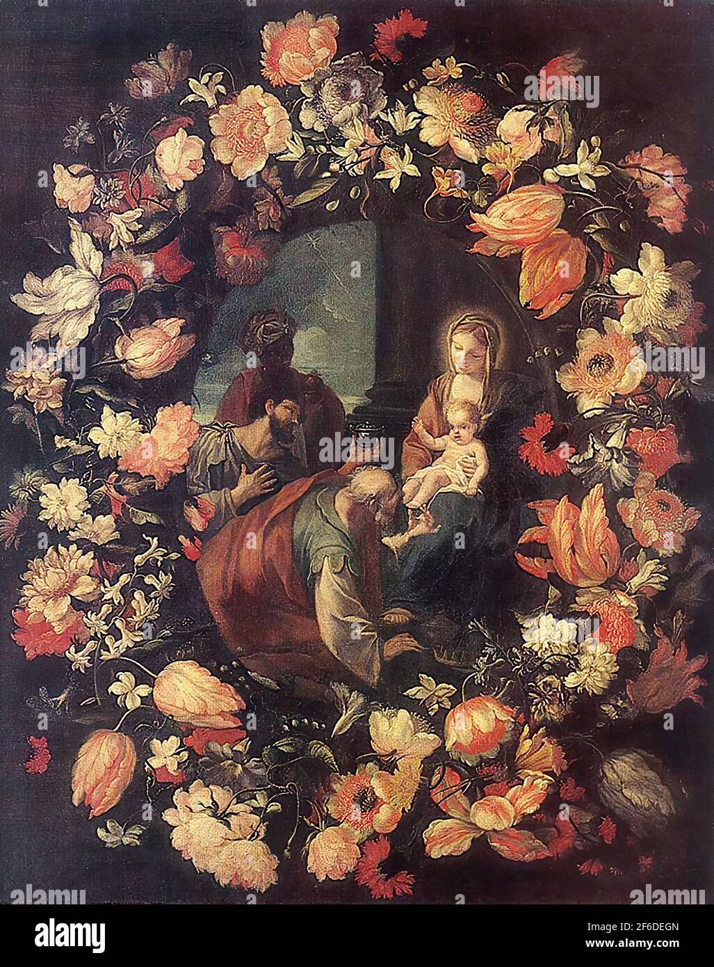 Mario Nuzzi - Adoracion Los Magos en un Guirnald Flores 1654 Foto Stock