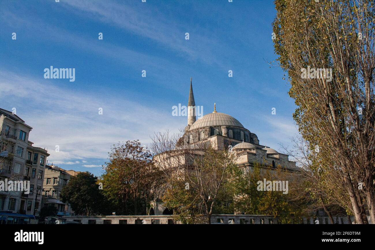 Un cielo blu sopra la Moschea Suleymaniye a Istanbul, Turchia che si sveglia sopra alcuni alberi. Foto Stock