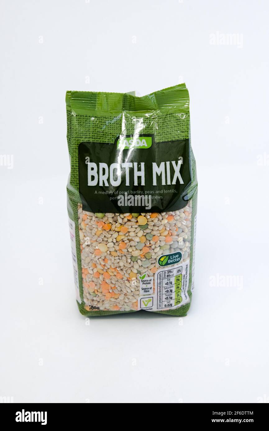 Asda 500g sacchetto di brodo mescolare in un sacchetto di plastica sigillato. Foto Stock