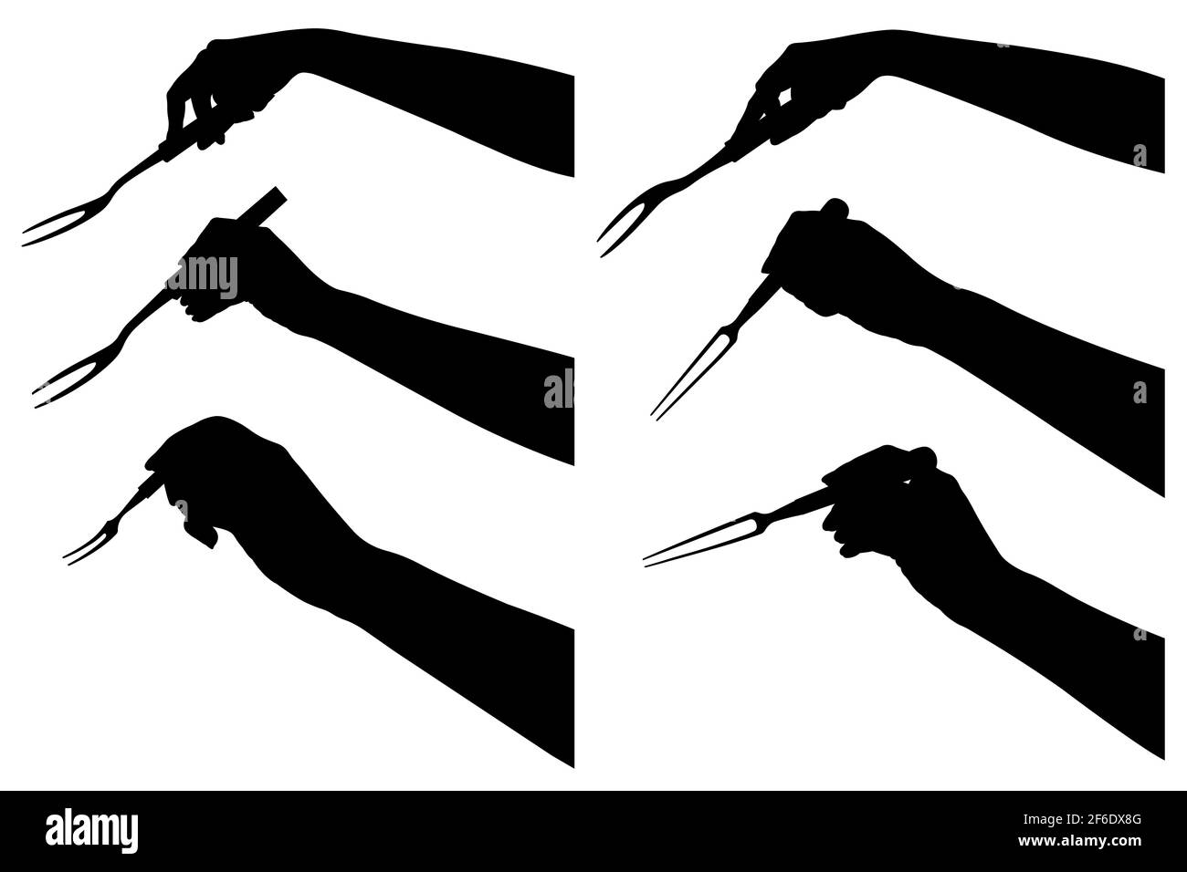 Set di mani con forcelle diverse isolate su bianco Foto Stock