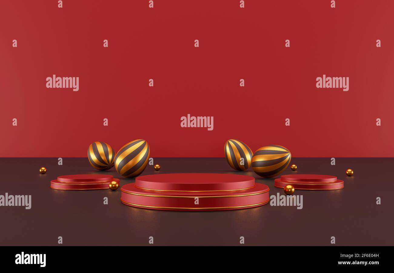 buon concetto di giorno di pasqua. scena minima con forme geometriche. visualizzazione del podio a cilindro e uova di pasqua, palla d'oro o mockup per il prodotto in backgrou rosso Foto Stock