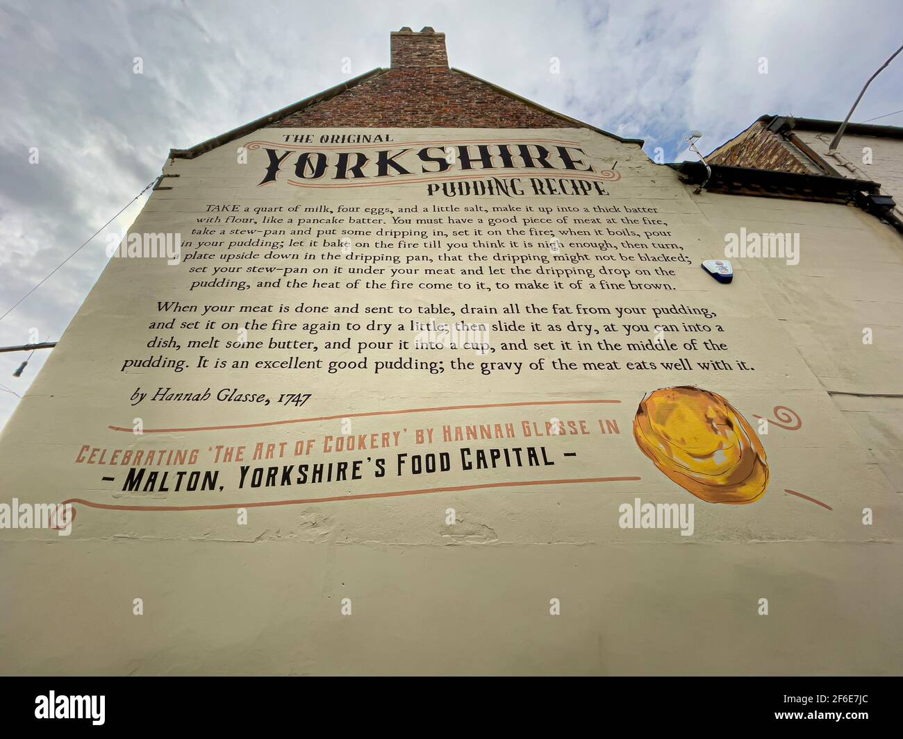 Muro murale della ricetta originale Yorkshire pudding di Hannah Glasse dal suo libro The Art of Cookery Made Plain and Easy. Malton, Foto Stock