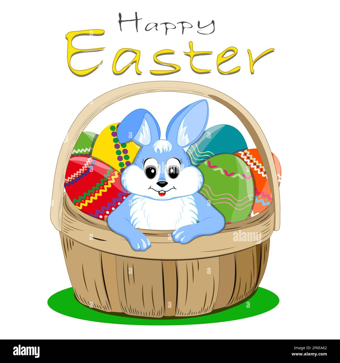 Un coniglio in un cestino con uova di Pasqua. Testo di Pasqua felice.  Colore bianco isolato . Illustrazione Foto stock - Alamy