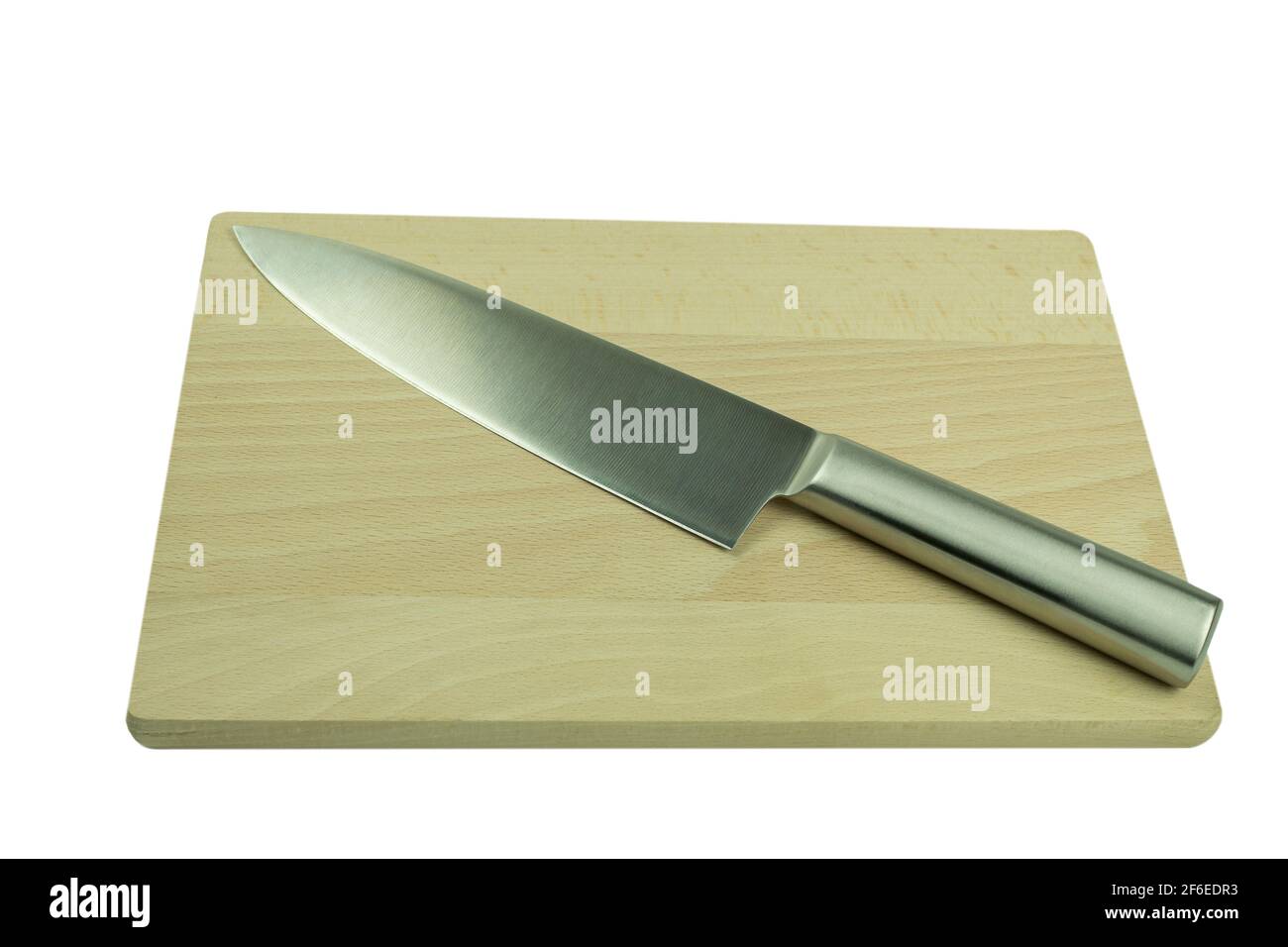 Coltello da cucina in metallo su sfondo bianco isolato. Coltello professionale dello chef con lama illuminata uniformemente su sfondo bianco Foto Stock