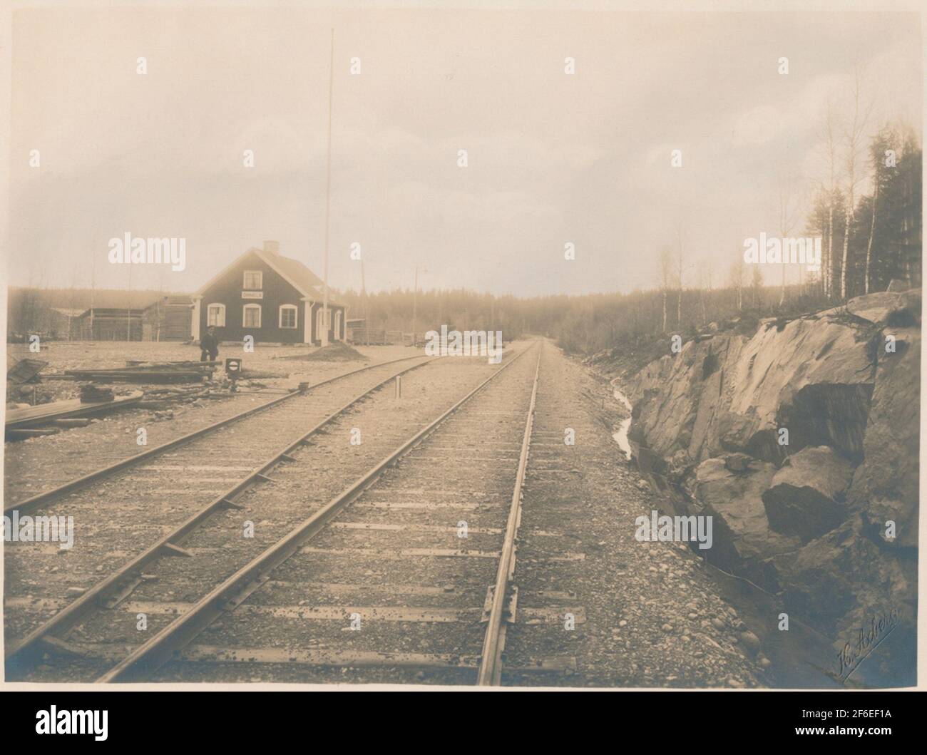 La stazione di gara. Ferrovia di Åmåt-Årjäng, Åmåj. Stiva e carico messo nel 1928. Foto Stock