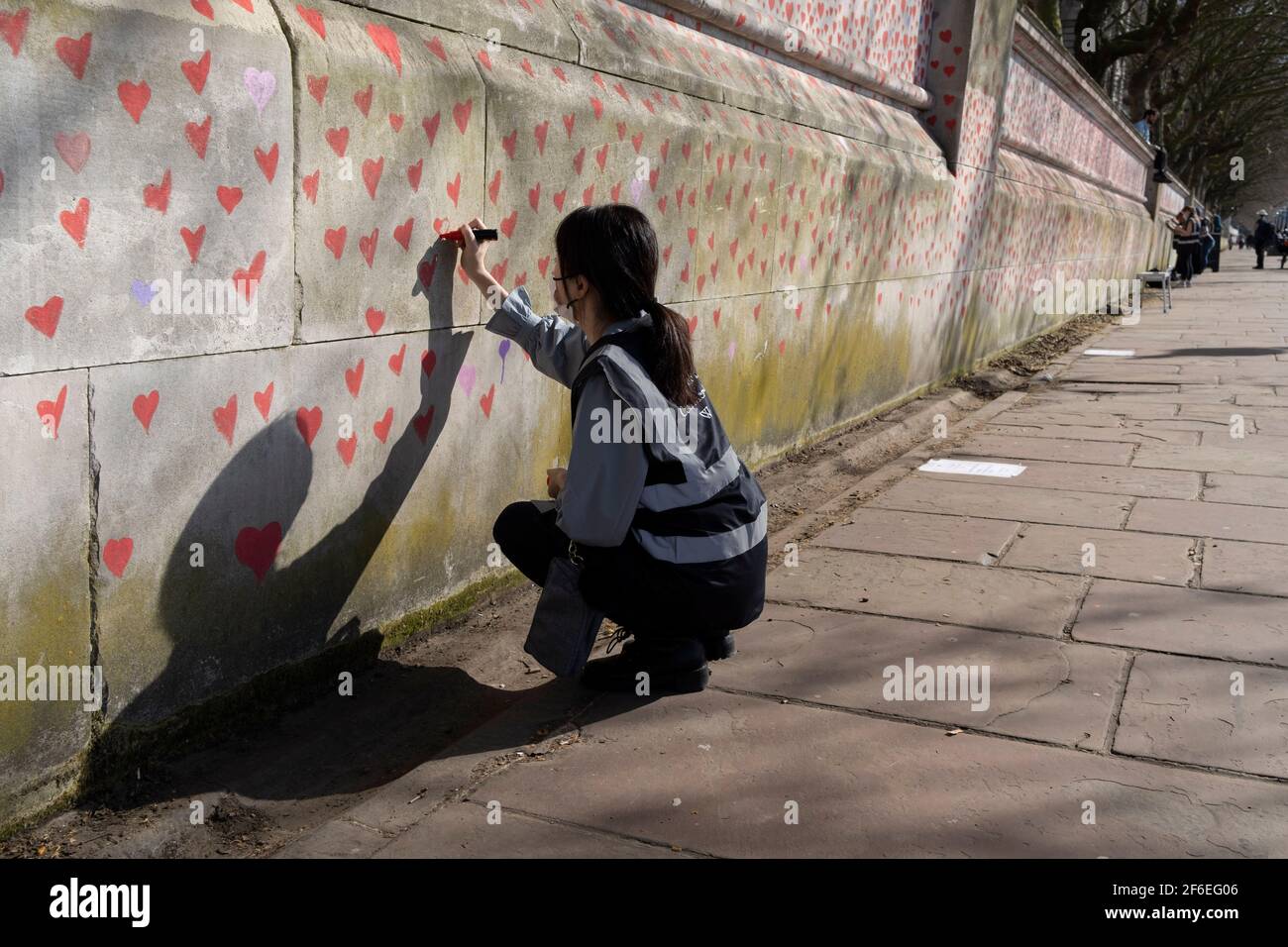 I cuori rossi che formano il National Covid Memorial Wall, un tributo alle oltre 150,000 vittime britanniche della pandemia di Coronavirus. La famiglia e gli amici delle vittime di Covid-19 hanno iniziato a lavorare sul muro situato fuori dall'ospedale St Thomas, e che si affaccia alla Camera del Parlamento a Westminster, il 30 marzo 2021, a Londra, Inghilterra. Lo scorso anno il primo Ministro Boris Johnson è stato trattato per Covid a St Thomas. Foto Stock
