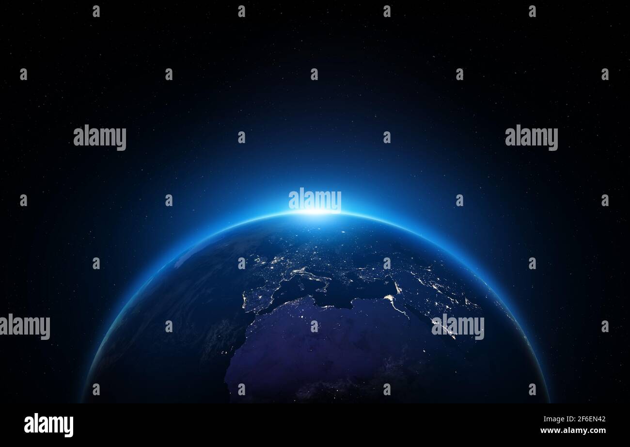 Notte Terra. Luci della città sul pianeta. Africa, Europa e Asia di notte visti dallo spazio con le luci della città. Questa immagine elementi forniti dalla NASA. Foto Stock