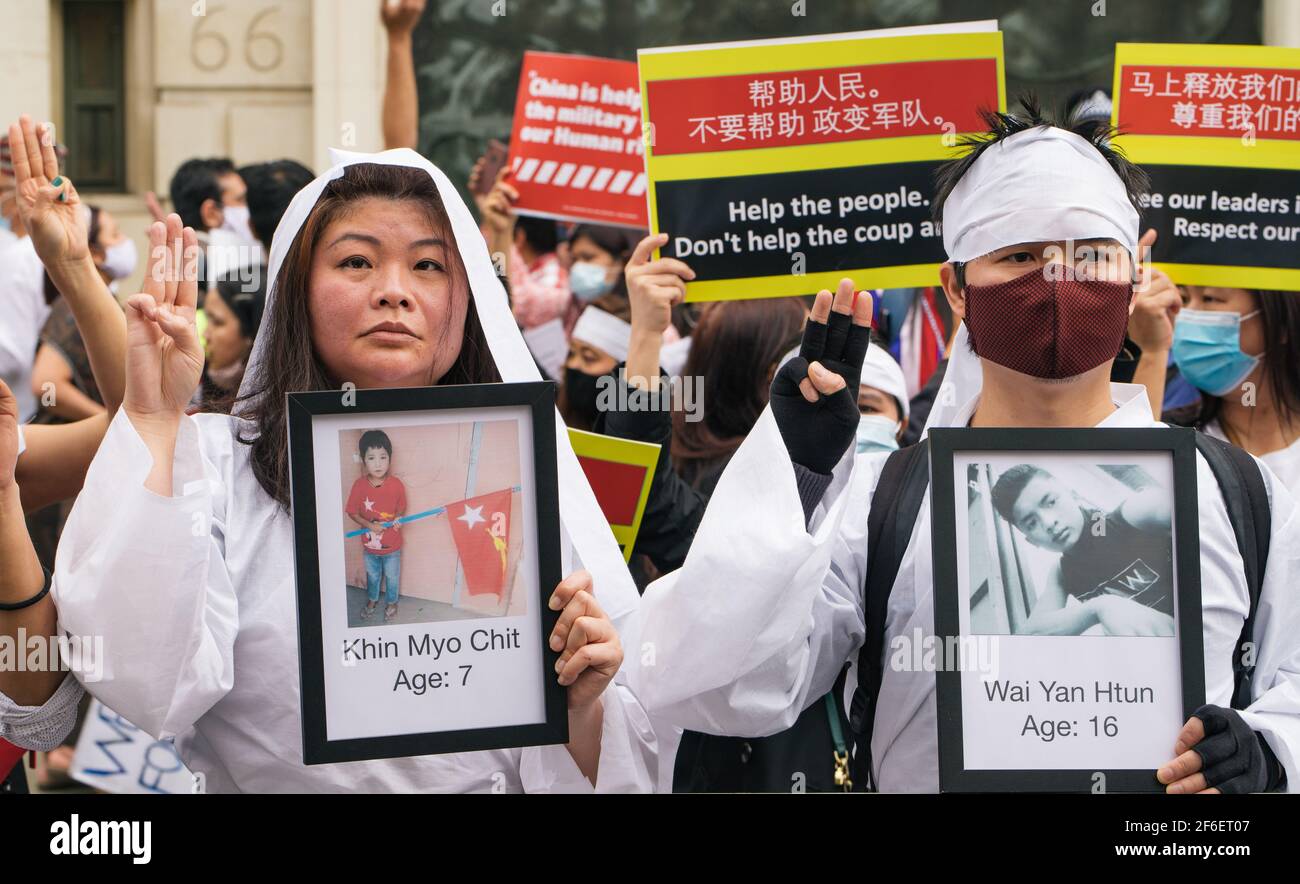 Londra, Regno Unito. 31 marzo 2021. Protesta contro la violenza militare in Myanmar. I manifestanti si riuniscono in Piazza del Parlamento e si spostano all'ambasciata cinese per esprimere il loro disappunto per il coinvolgimento cinese nel colpo di Stato militare e l'omicidio di civili innocenti, compresi i bambini Foto Stock