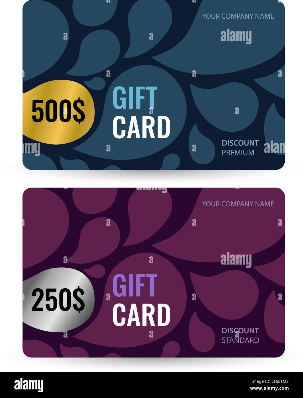 Imposta carta regalo Premium e standard. Buono oro e argento con gocce di verde scuro e bordeaux su sfondo nero. Modelli vettoriali luminosi per la Illustrazione Vettoriale