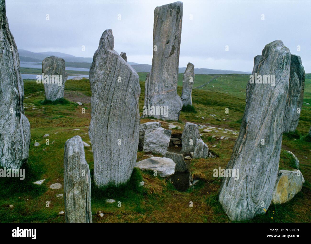 Ammira W dalla fila di pietre e del cerchio di pietre, il monolito centrale e la tomba a chambered a Callanish (Calanais) Standing Stones, Isola di Lewis, Scozia. Foto Stock
