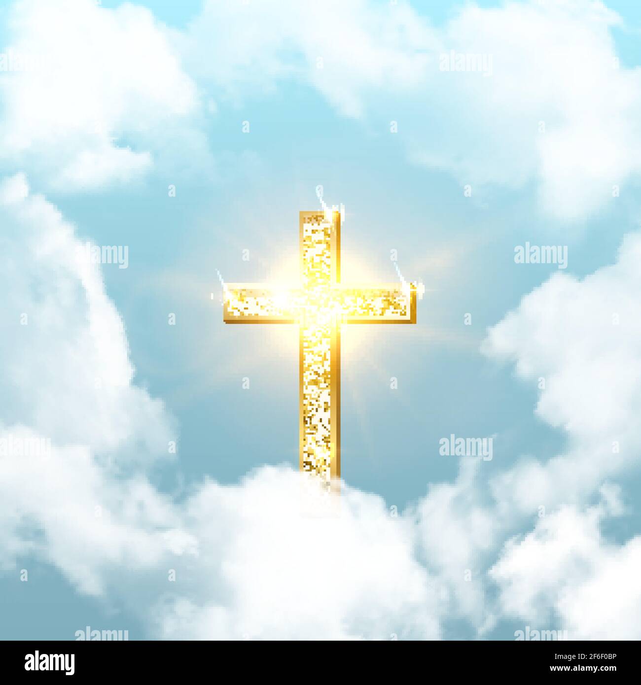 Croce della Chiesa risuscitata in cielo sullo sfondo pasquale. Simbolo del crocifisso dorato cristiano in cielo con nuvole e raggi solari illustrazione vettoriale. Sole splendente, Illustrazione Vettoriale