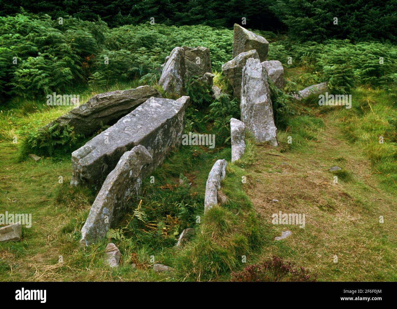 Tomba dei giganti (N) tomba a chambered neolitico, Arran, Scozia, Regno Unito, guardando N lungo la camera di sepoltura per l'ingresso e resti del piazzale cornuto. Foto Stock