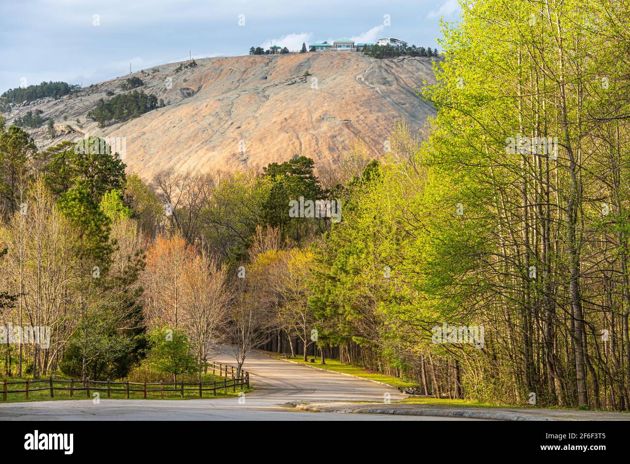 Sole sulla Stone Mountain dal Songbird Habitat e Woodland Trail in primavera vicino ad Atlanta, Georgia. (STATI UNITI) Foto Stock